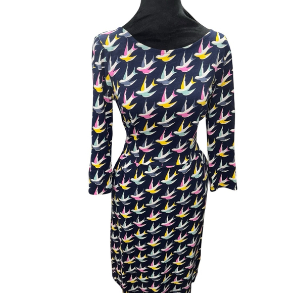 Boden Penny Jersey Swallow Dress Size UK 10L/US 6L Navy 3/4 sleeves midi preppy - Picture 5 of 13